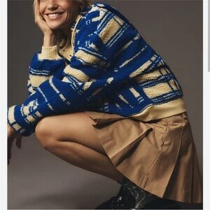 Anthropologie Blue and Cream Sherpa Fleece Hoodie